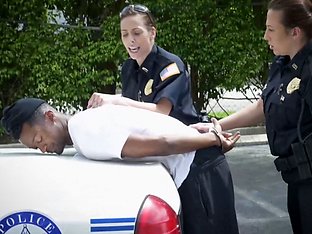 Busty cops takes long black dong in cunt outdoors
